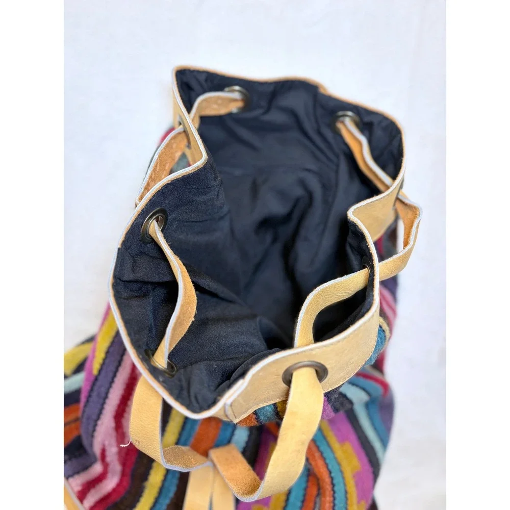 Vintage Multicolor Woven Wool Leather Trim Bohemian Rucksack